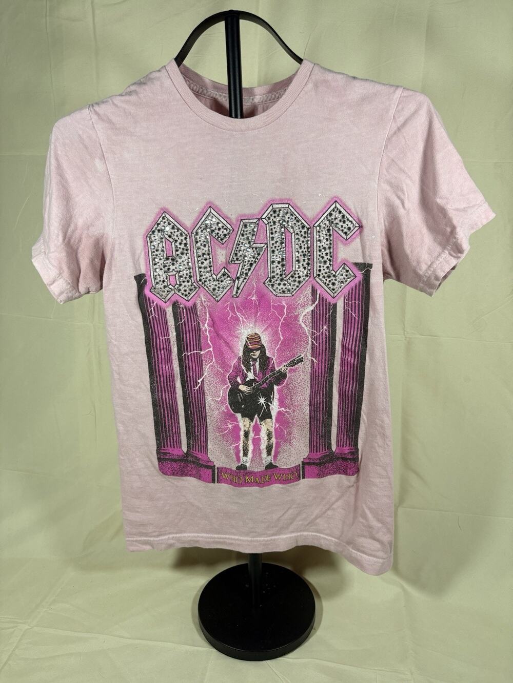 AC/DC T-Shirt Women Size Xs Pink Blush Rhinestone Rock Band Concert Graphic Tee